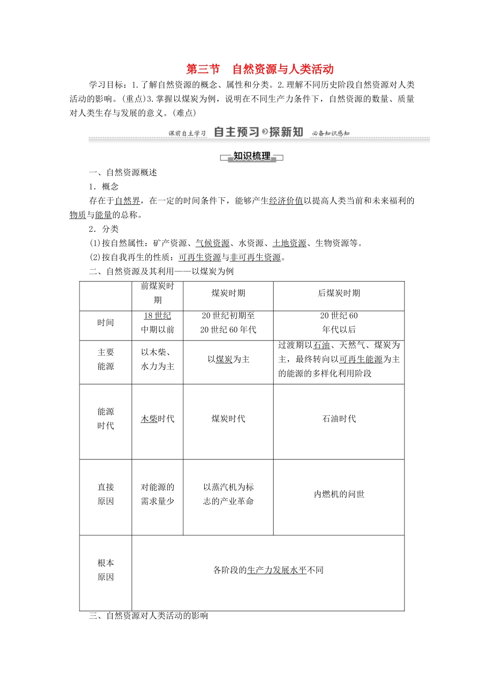 高中地理 第4章 自然环境对人类活动的影响 第3节 自然资源与人类活动学案 湘教版必修1-湘教版高一必修1地理学案_第1页