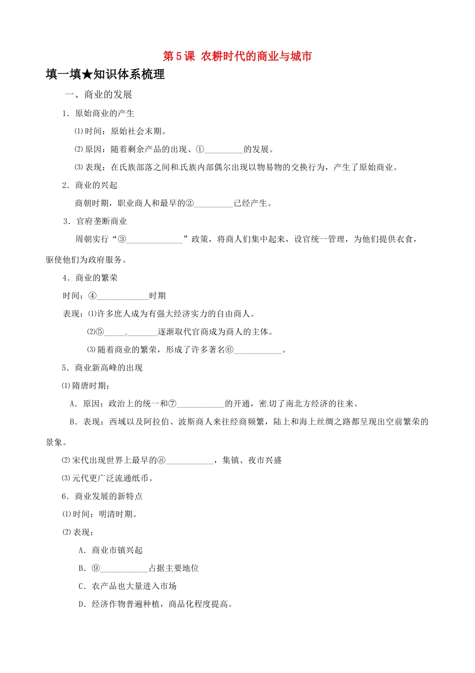 高中历史 15《农耕时代的商业与城市》精品学案 新人教版必修2_第1页