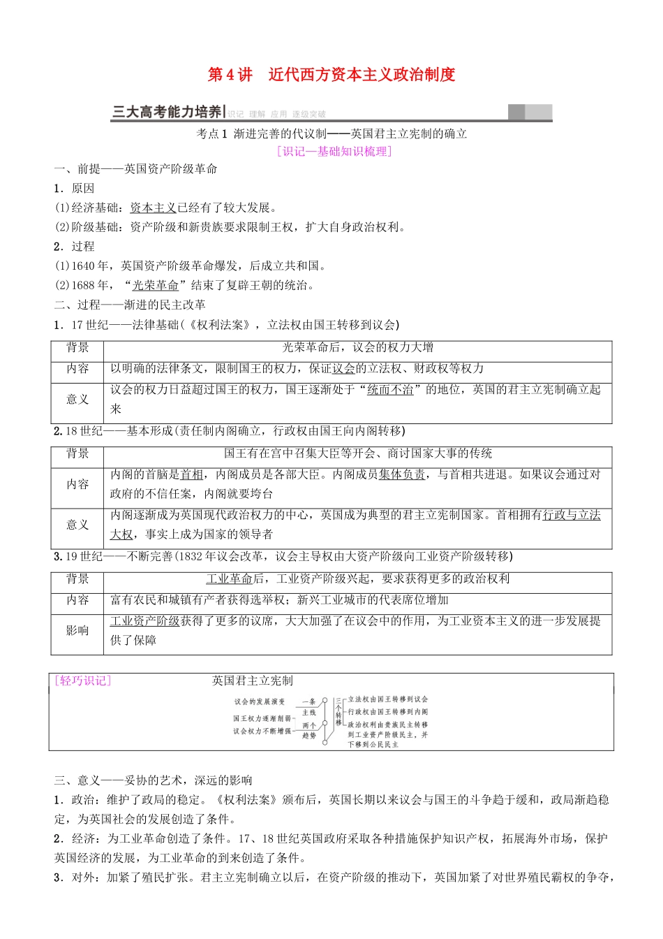 高考历史一轮复习 第2单元 西方的政治制度 第4讲 近代西方资本主义政治制度学案-人教版高三全册历史学案_第1页
