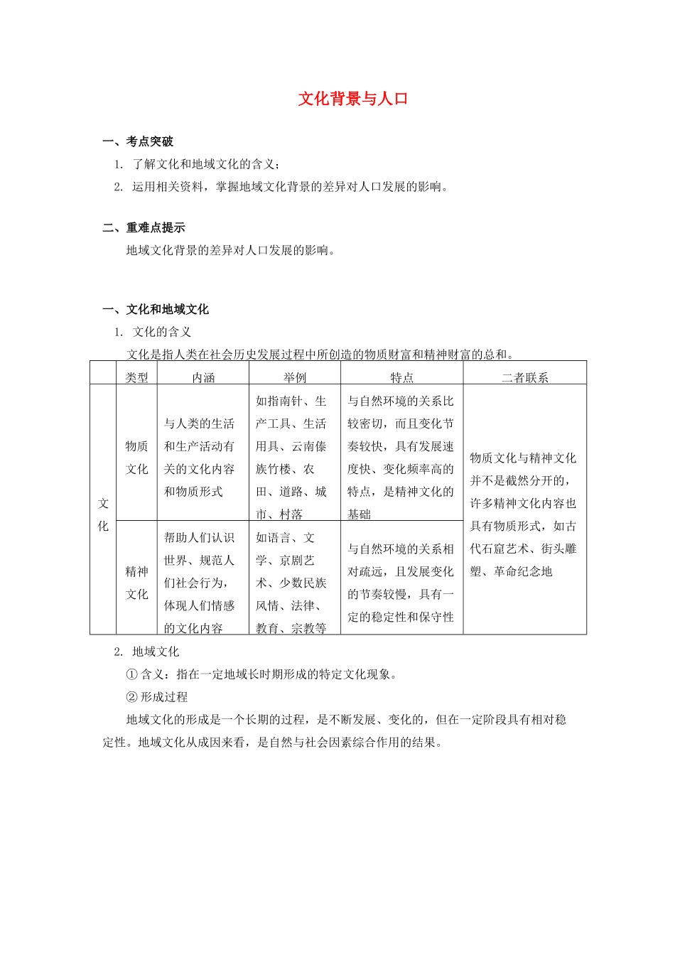 高中地理 第一章 人口与环境 第四节 地域文化与人口 文化背景与人口学案 湘教版必修2-湘教版高一必修2地理学案_第1页