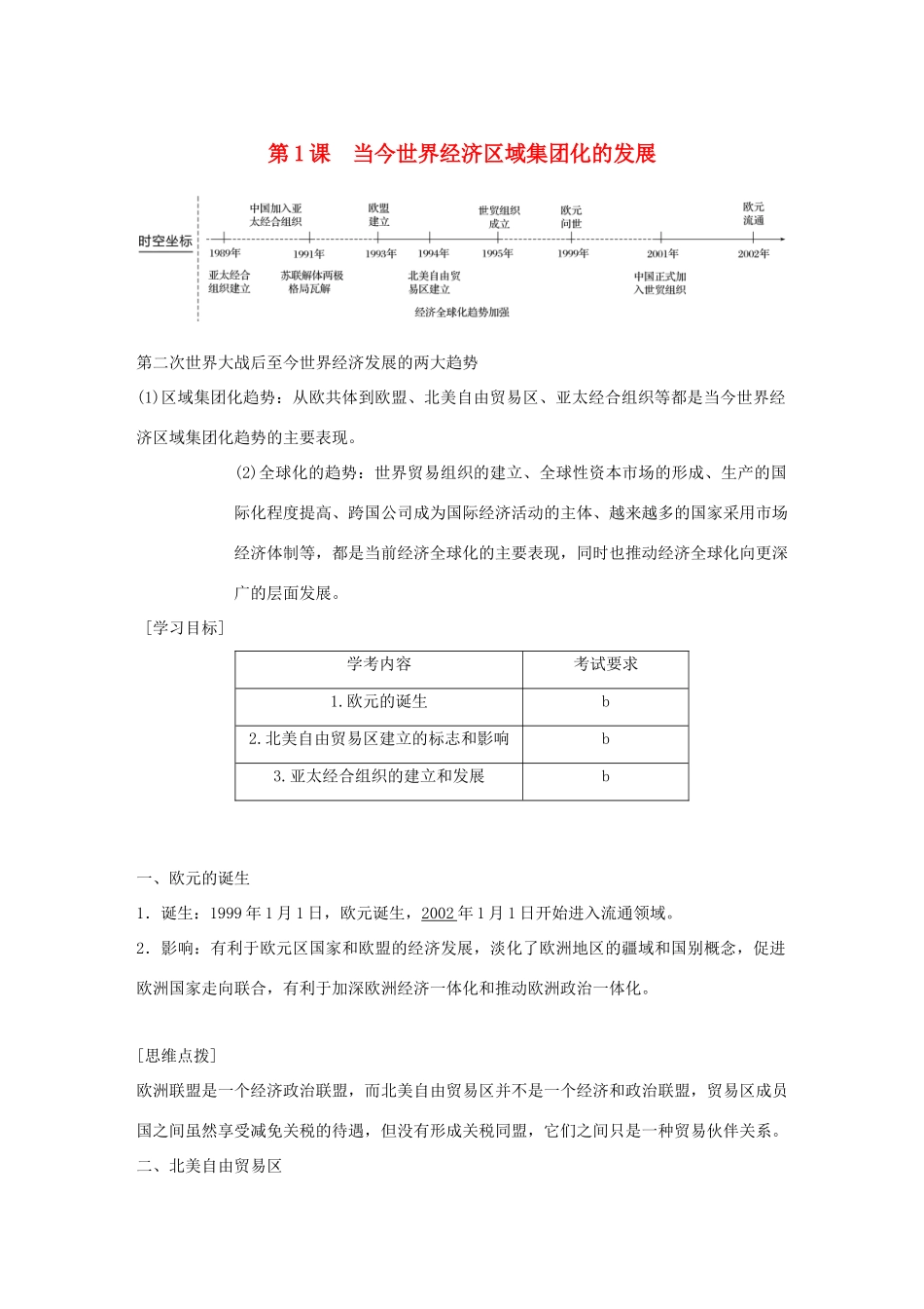 高中历史 专题八 当今世界经济的全球化趋势 第1课 当今世界经济区域集团化的发展学案 人民版必修2-人民版高一必修2历史学案_第1页