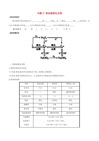 高中化学 初高中衔接 专题17 铁的重要化合物学案-人教版高一全册化学学案