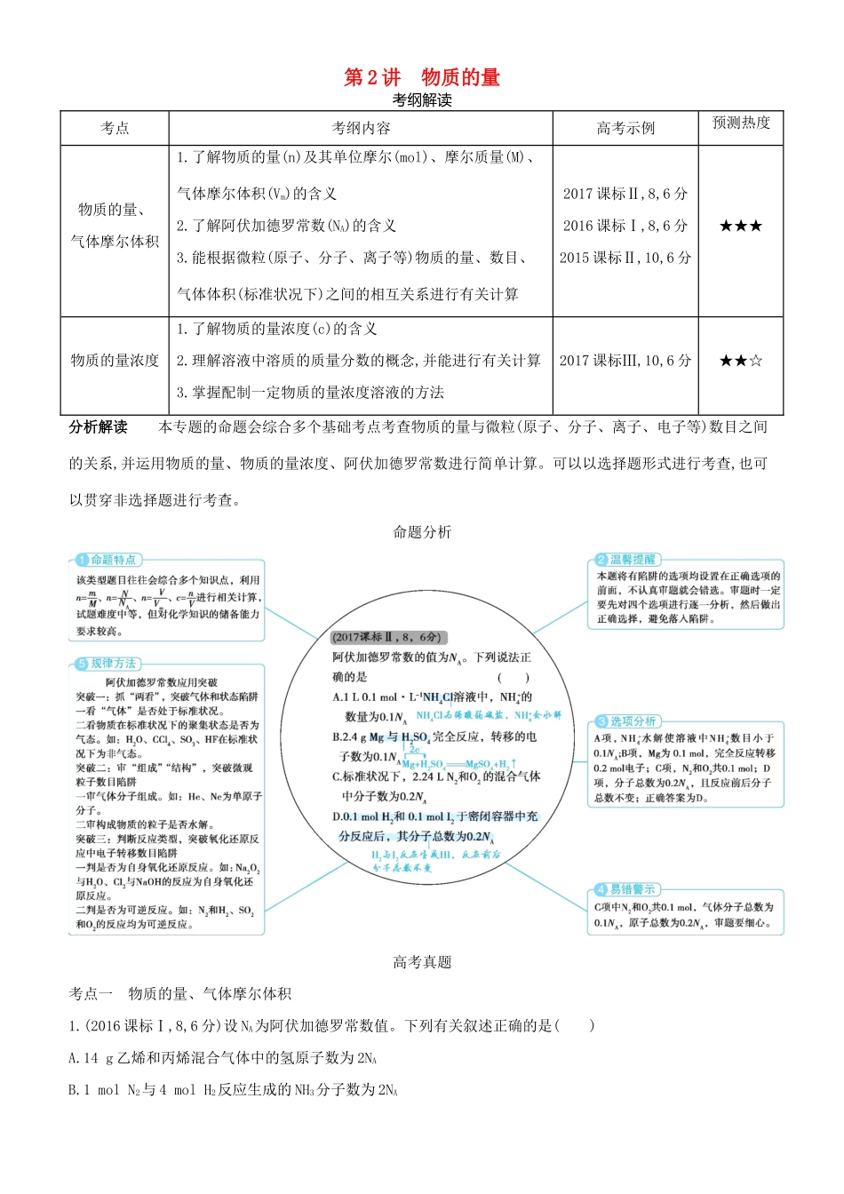 高考化学一轮复习 第2讲 物质的量讲练结合学案-人教版高三全册化学学案_第1页