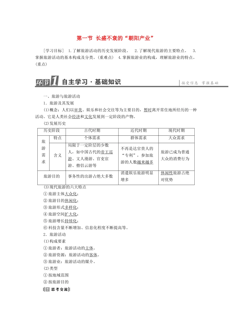 高中地理 第1单元 蓬勃发展的旅游业 第1节 长盛不衰的“朝阳产业”学案 鲁教版选修3-鲁教版高一选修3地理学案_第1页
