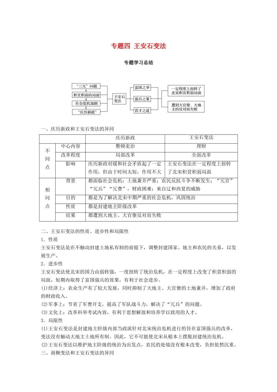 高中历史 专题四 王安石变法专题学习总结学案 人民版选修1-人民版高二选修1历史学案_第1页