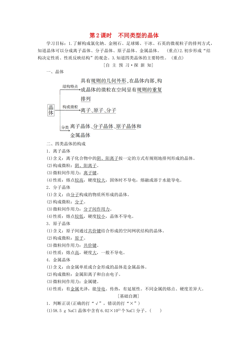 高中化学 专题1 微观结构与物质的多样性 第3单元 从微观结构看物质的多样性 第2课时 不同类型的晶体学案 苏教版必修2-苏教版高一必修2化学学案_第1页