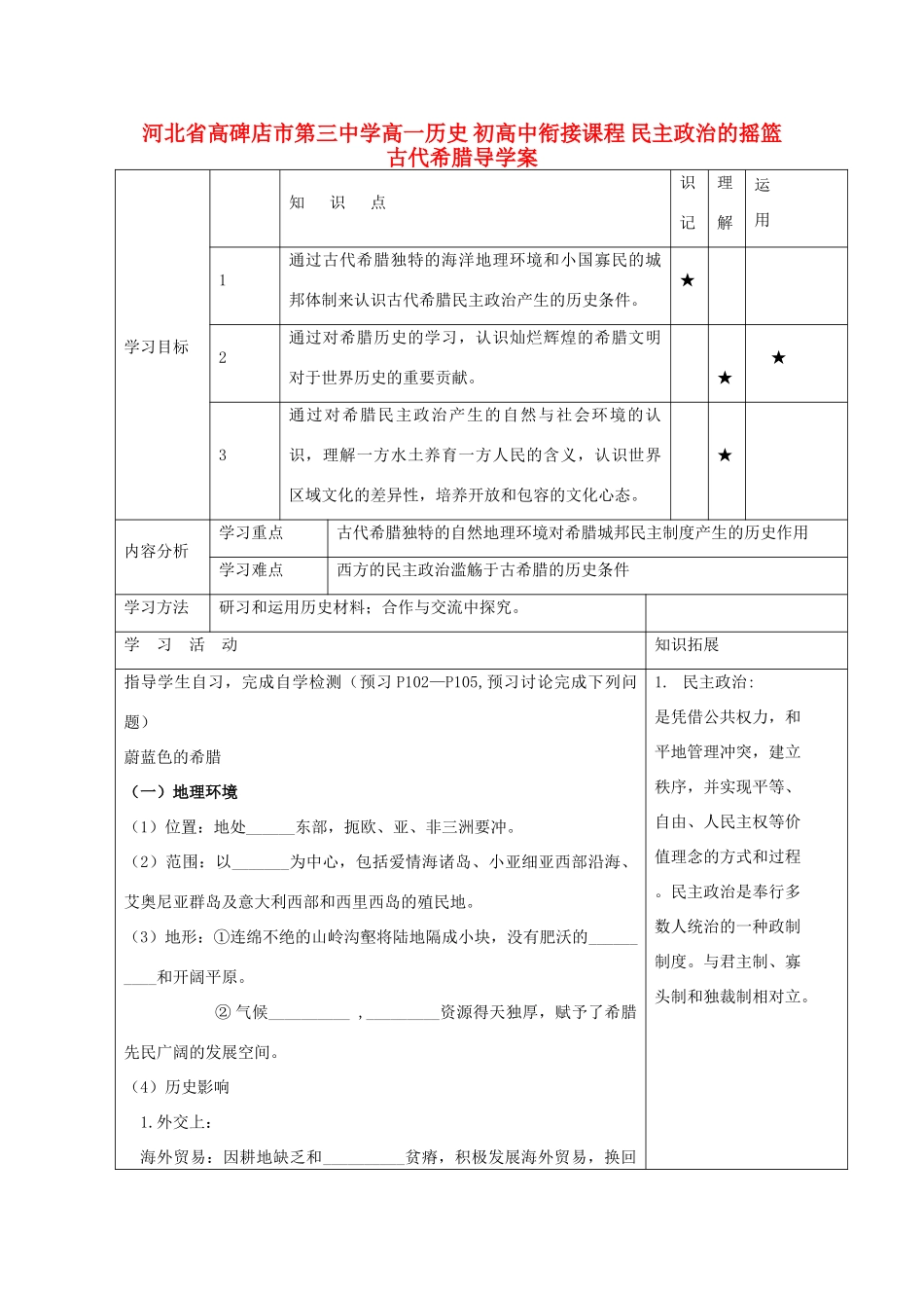 河北省高碑店市第三中学高一历史 初高中衔接课程 民主政治的摇篮 古代希腊导学案_第1页