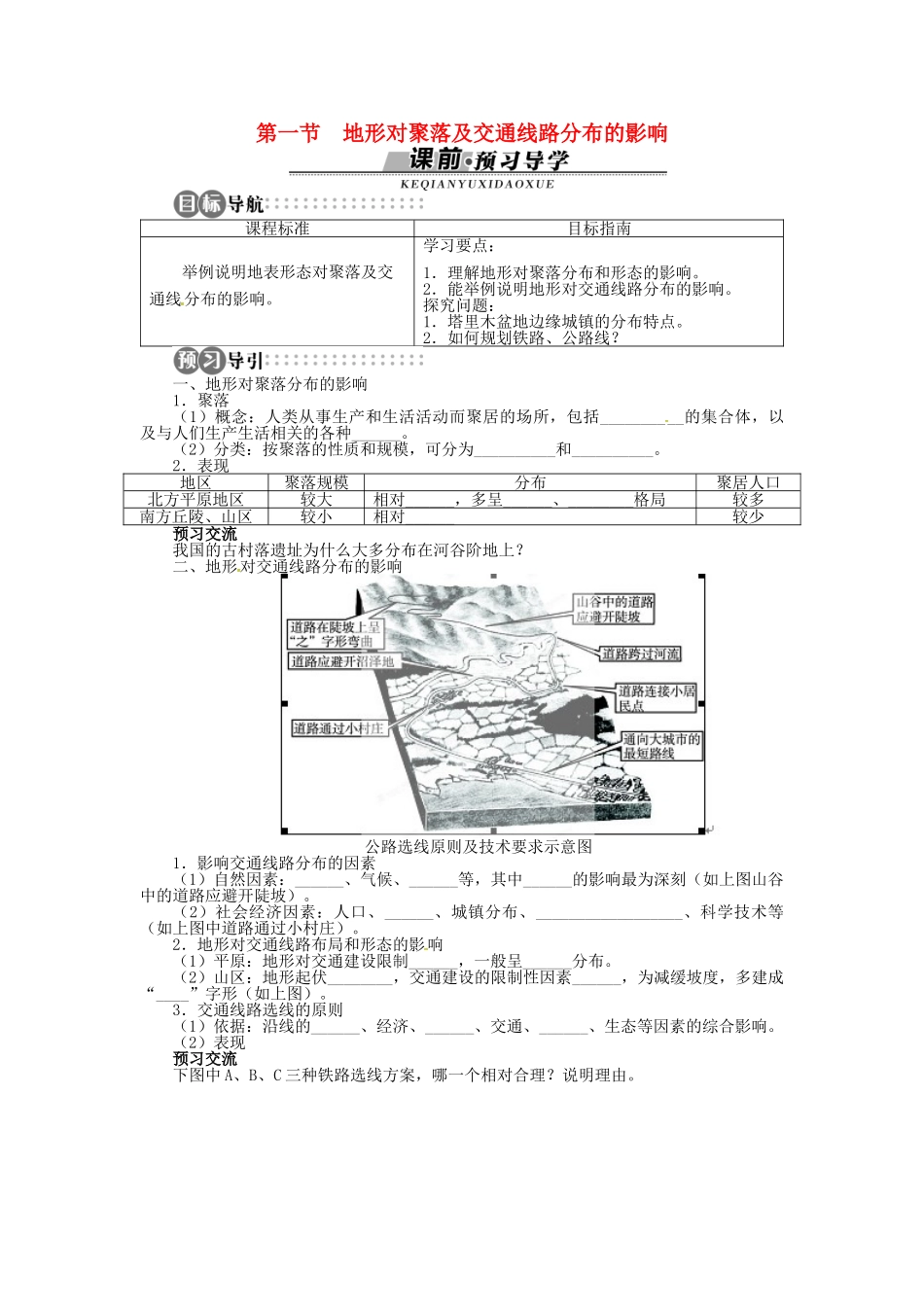 高中地理 第四章 第1节 地形对聚落及交通线路分布的影响导学案 湘教版必修1-湘教版高一必修1地理学案_第1页