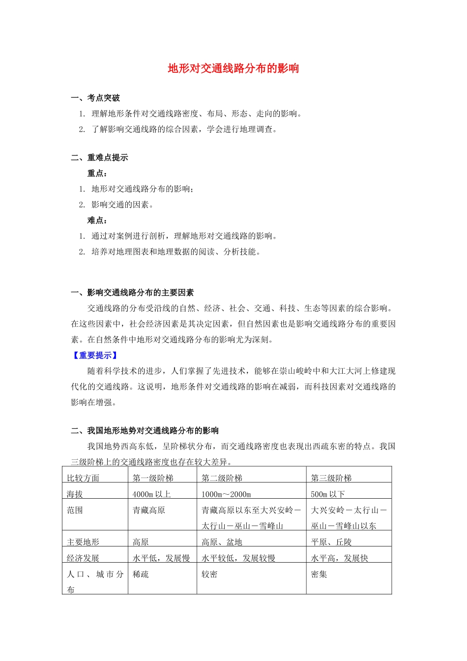 高中地理 第四章 自然环境对人类活动的影响 第一节 地形对聚落及交通线路分布的影响 地形对交通线路分布的影响学案 湘教版必修1-湘教版高一必修1地理学案_第1页