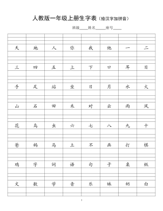 人教版一年级上册生字表(给汉字加拼音)