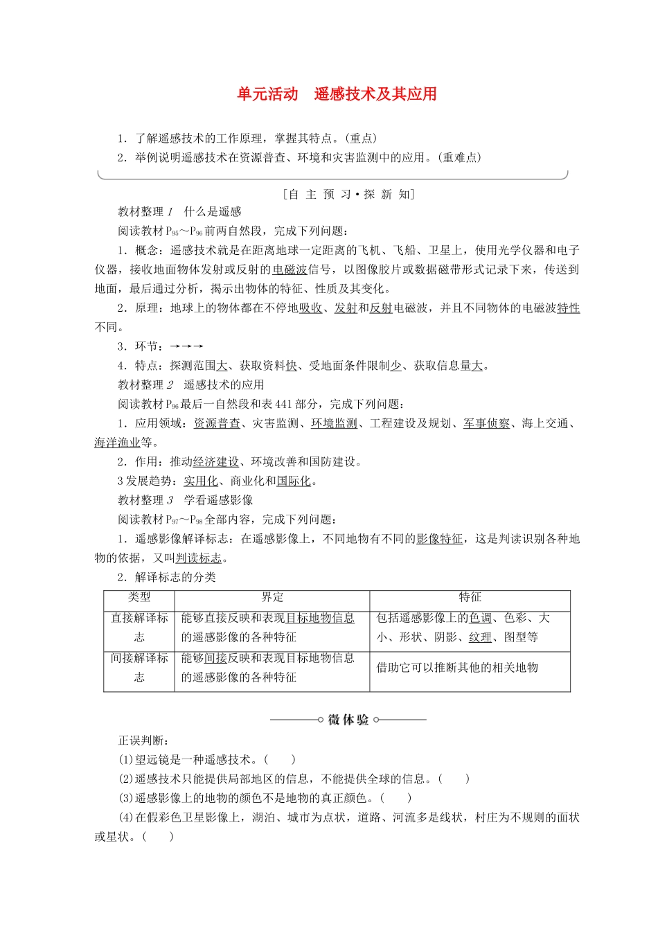 高中地理 第4单元 从人地关系看资源与环境 单元活动 遥感技术及其应用同步学案 鲁教版必修1-鲁教版高一必修1地理学案_第1页