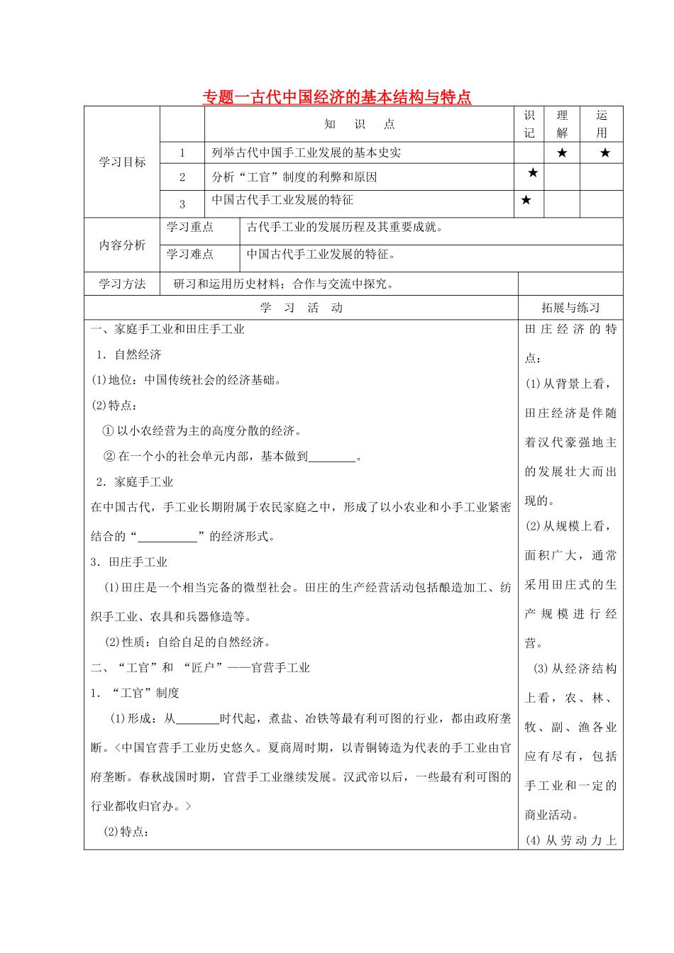 河北省高碑店市第三中学高中历史 专题一第二节 张越古代中国的手工业经济导学案 新人教版必修2_第1页
