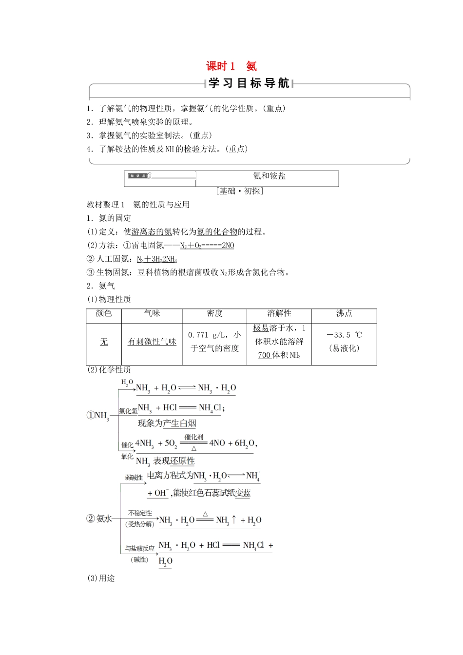 高中化学 第四章 非金属及其化合物 第4节 氨 硝酸 硫酸 课时1 氨学案 新人教版必修1-新人教版高一必修1化学学案_第1页