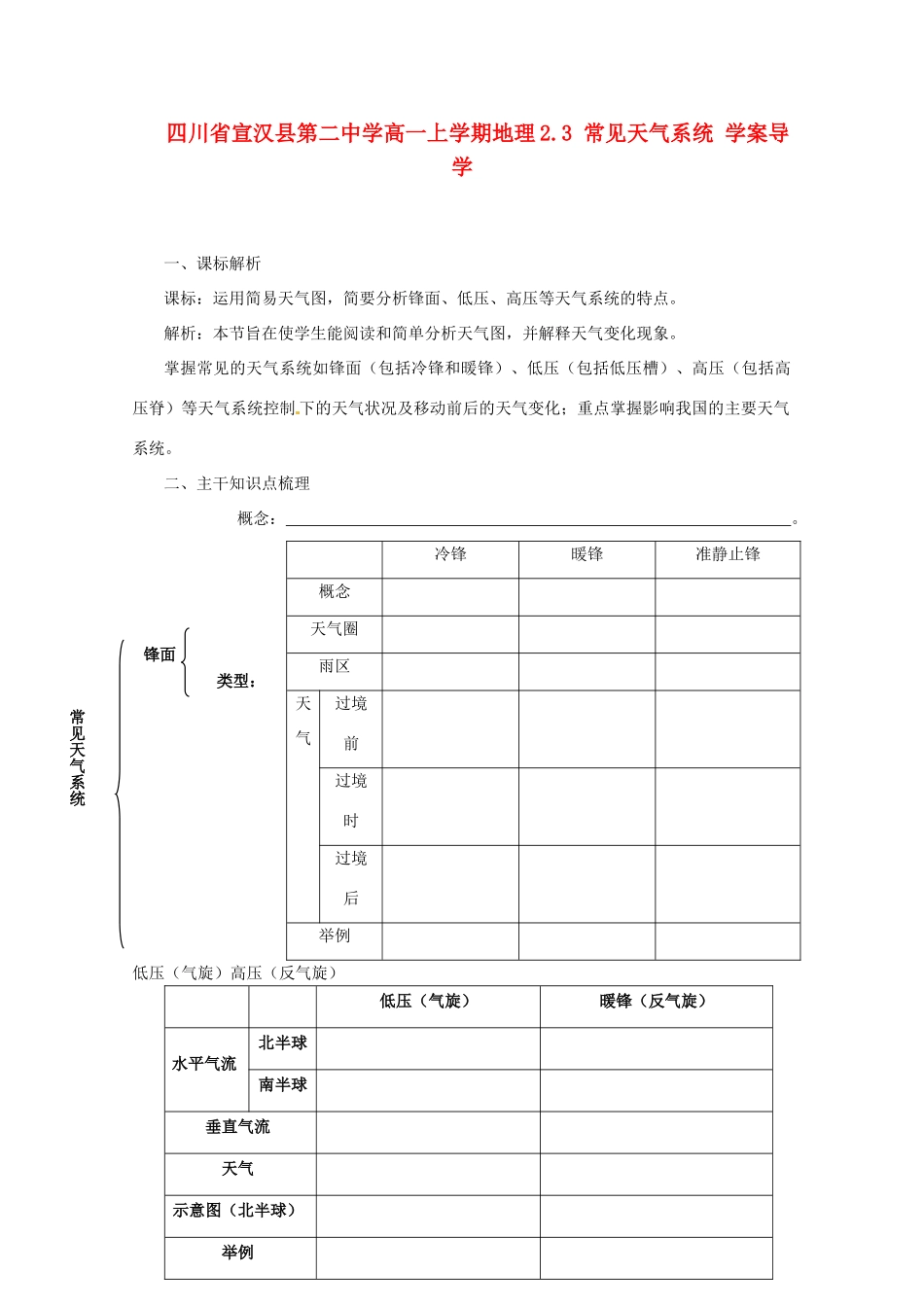 四川省宣汉县第二中学高一地理上学期 2.3 常见天气系统 学案导学_第1页