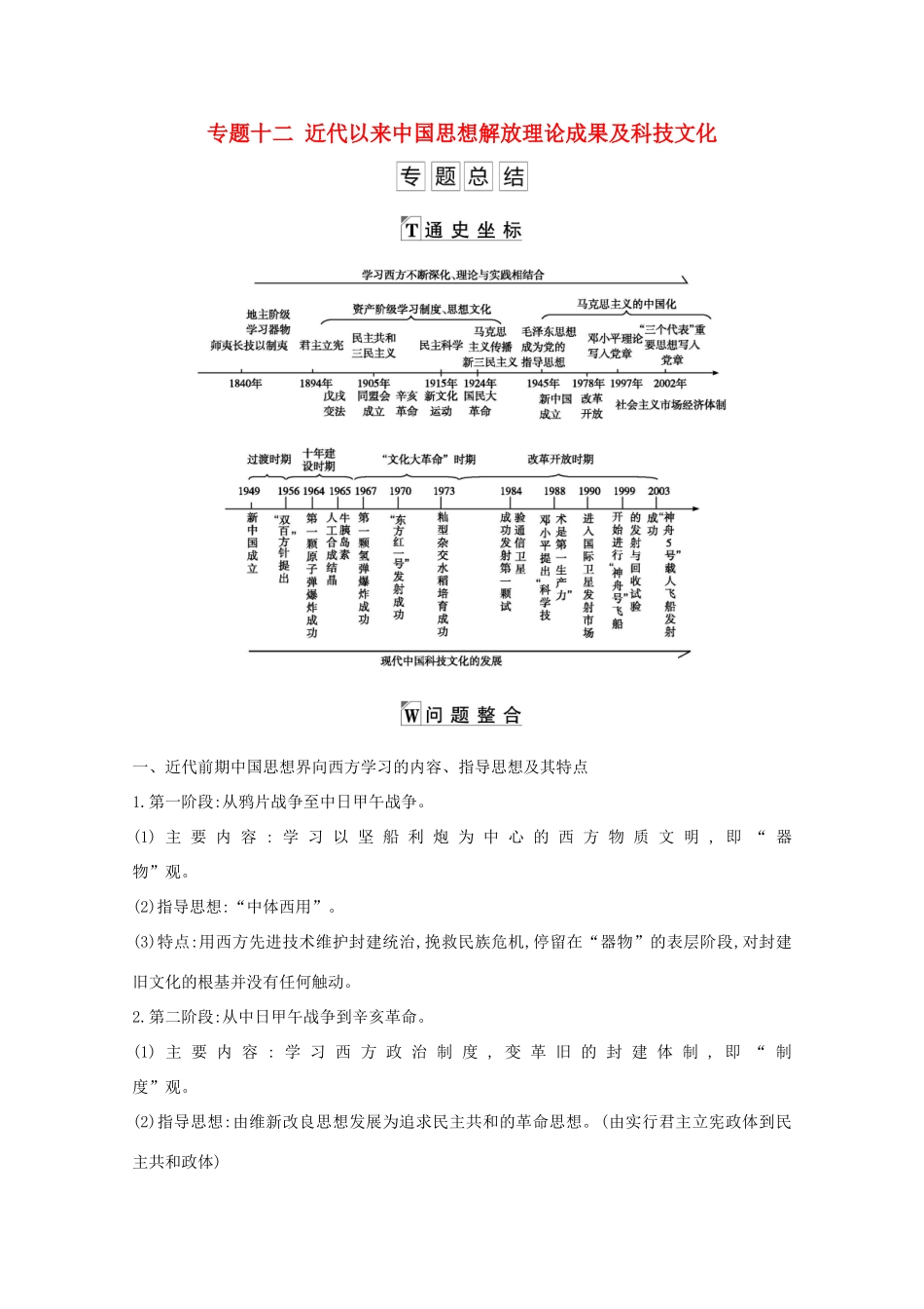 高考历史一轮复习 专题十二 近代以来中国思想解放理论成果及科技文化专题总结导学案 人民版-人民版高三全册历史学案_第1页