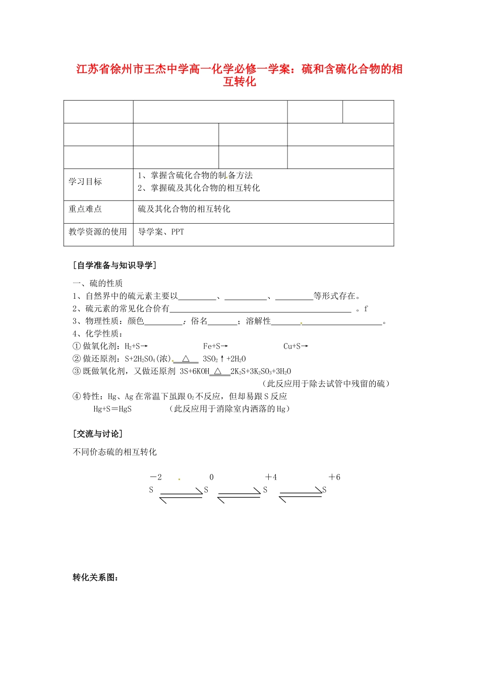 江苏省徐州市王杰中学高中化学 硫和含硫化合物的相互转化学案 新人教版必修1_第1页