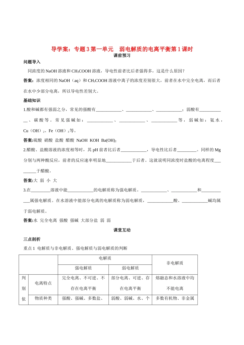高中化学 专题3第一单元 弱电解质的电离平衡第1课时导学案 苏教版选修4_第1页