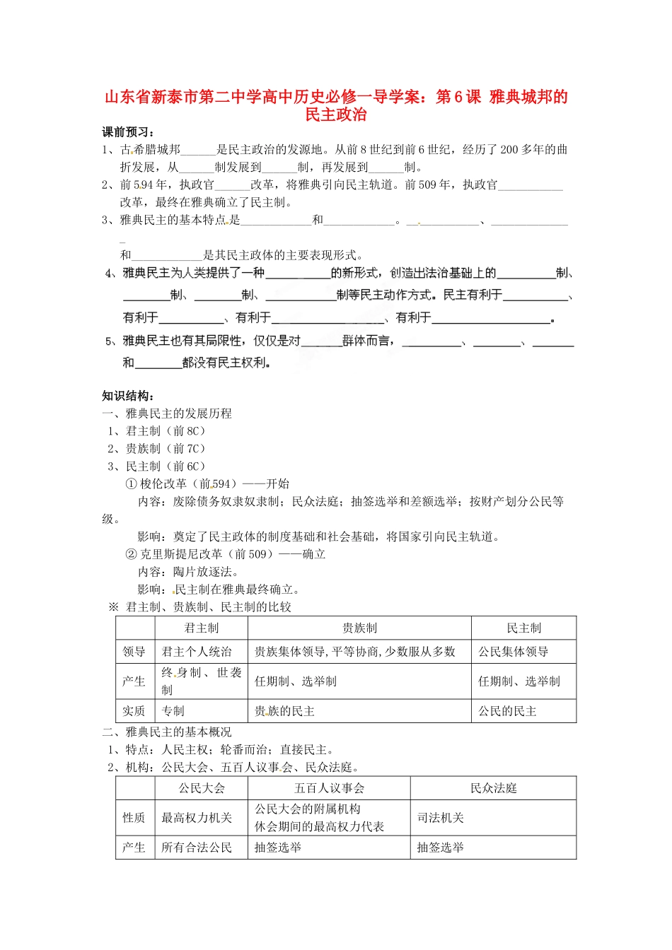 山东省新泰市第二中学高中历史 第6课 雅典城邦的民主政治导学案 新人教版必修1_第1页