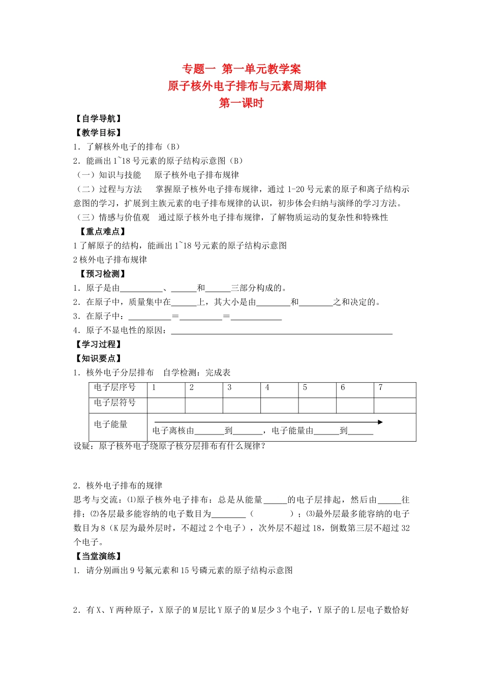 江苏省苏州中学园区高一化学《原子核外电子排布与元素周期律》学案 苏教版_第1页