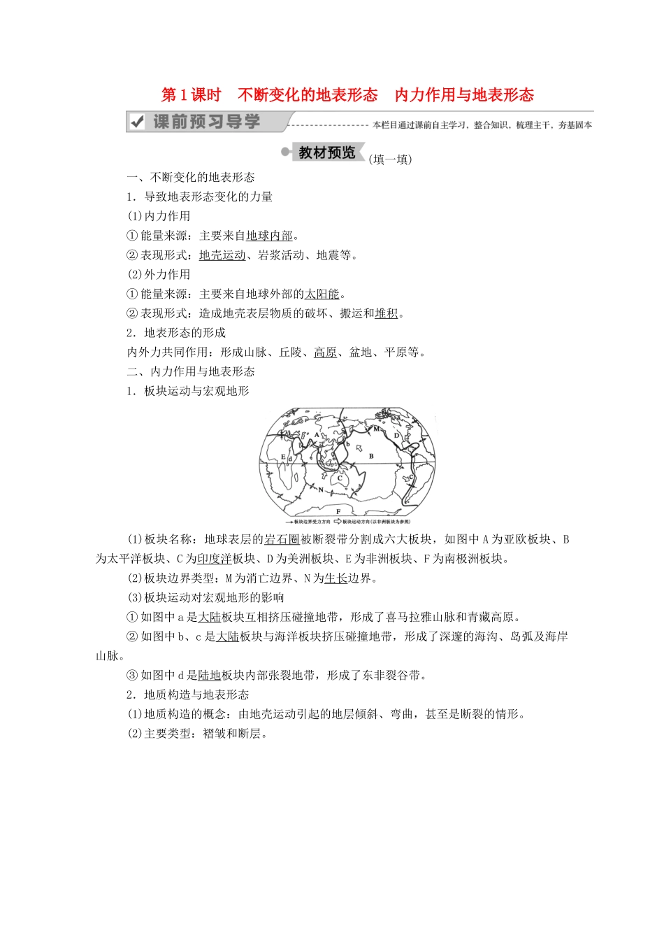 高中地理 第二章 自然环境中的物质运动和能量交换 2-1 不断变化的地表形态 内力作用与地表形态学案 湘教版必修1-湘教版高一必修1地理学案_第1页