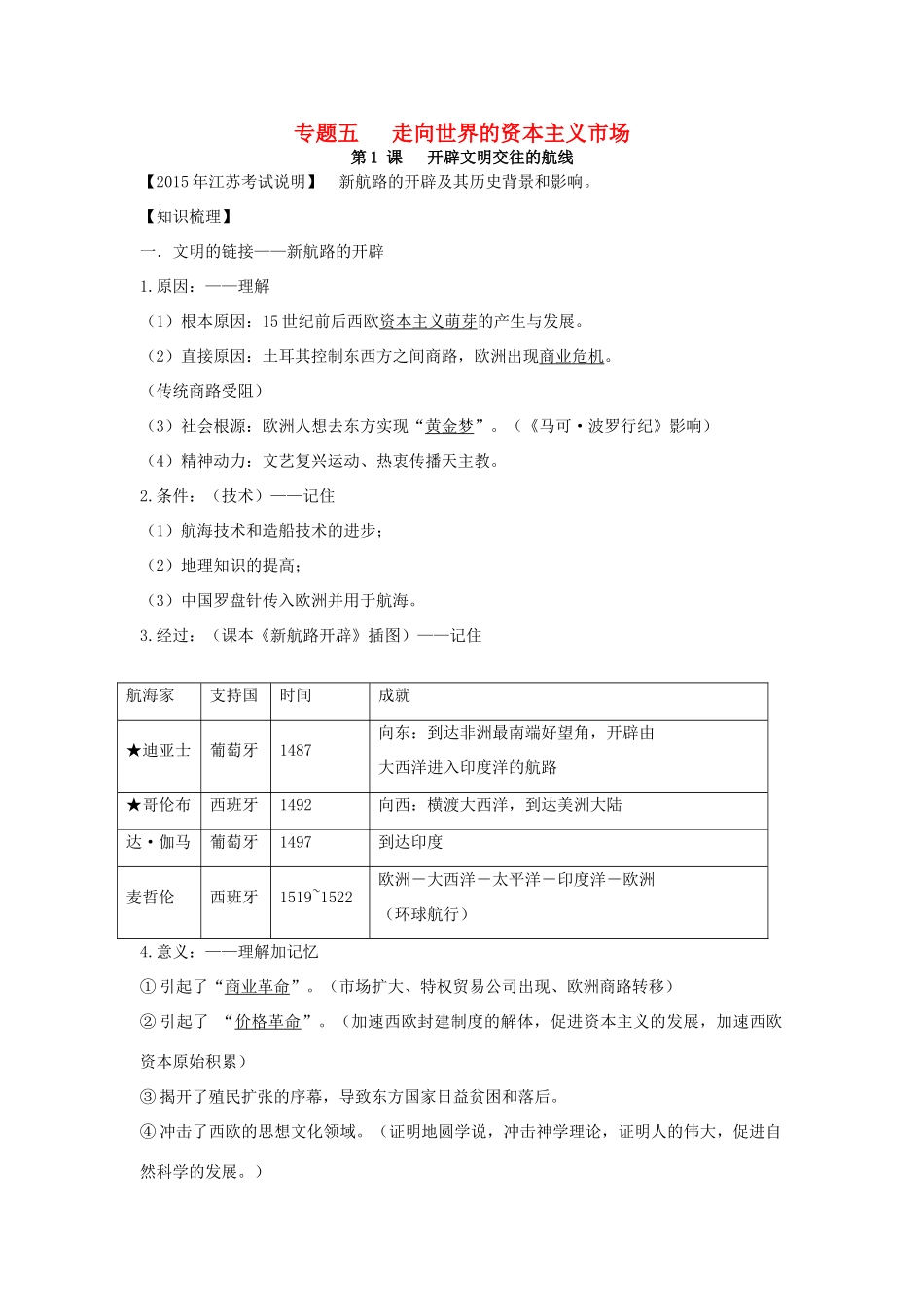 高中历史 专题五 走向世界的资本主义世界市场学案 人民版必修2-人民版高一必修2历史学案_第1页