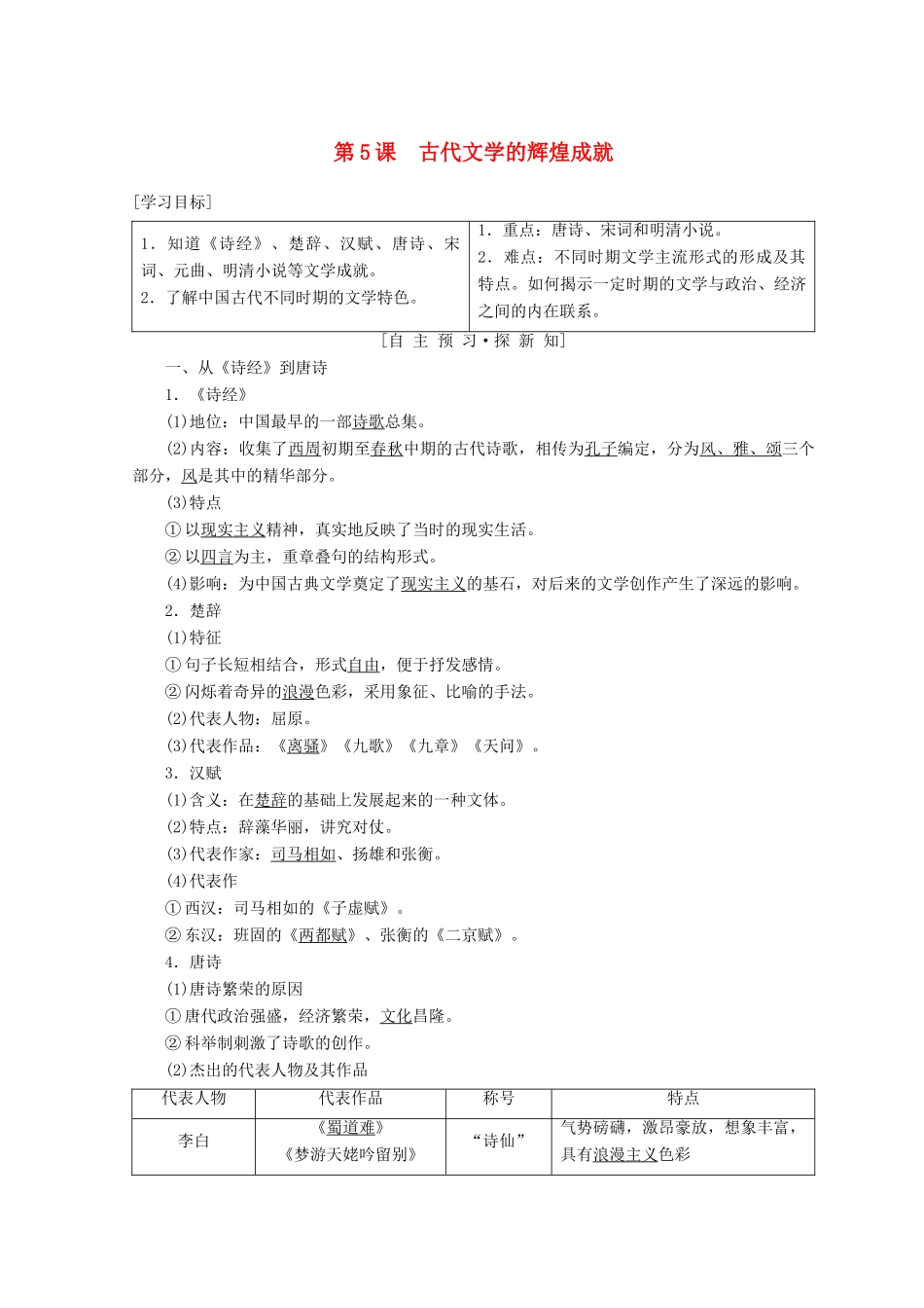 高中历史 第2单元 古代中国的科技与文化 第5课 古代文学的辉煌成就学案 北师大版必修3-北师大版高一必修3历史学案_第1页
