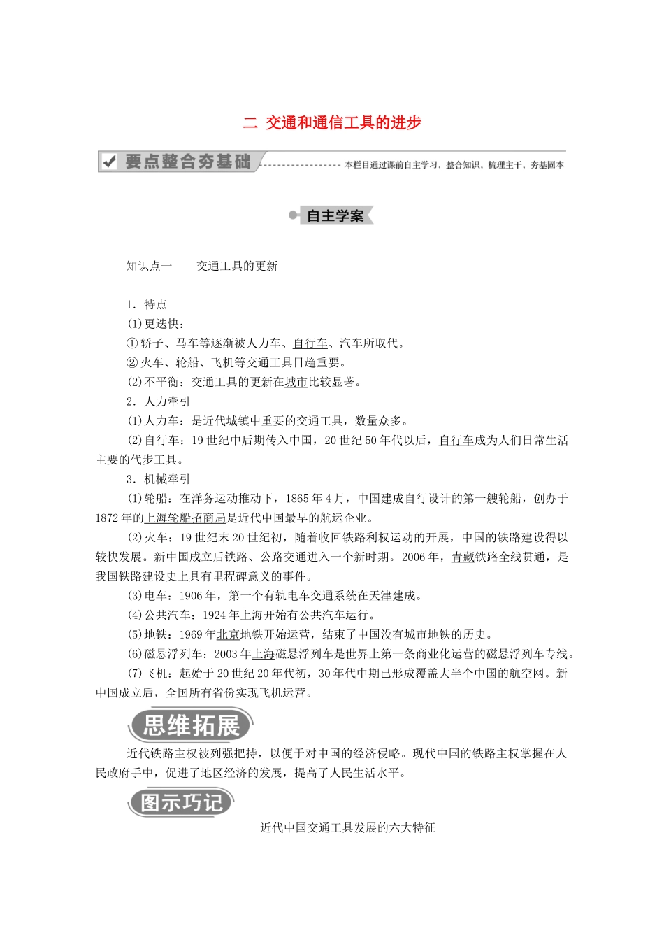 高中历史 专题四 中国近现代社会生活的变迁 二 交通和通信工具的进步学案（含解析）人民版必修2-人民版高一必修2历史学案_第1页