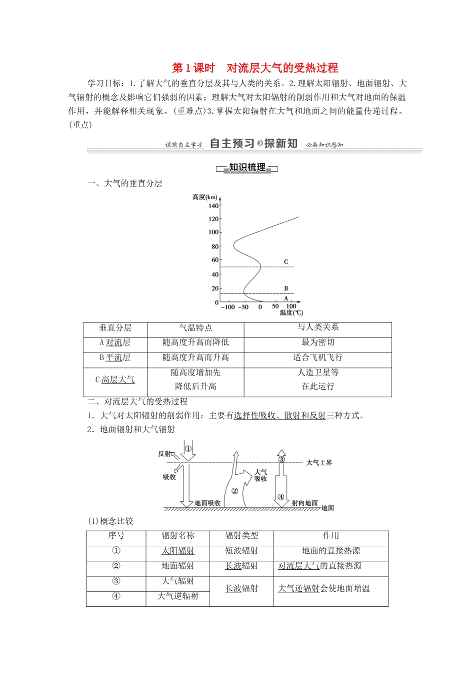 高中地理 第2章 自然环境中的物质运动和能量交换 第3节 大气环境 第1课时 对流层大气的受热过程学案 湘教版必修1-湘教版高一必修1地理学案_第1页