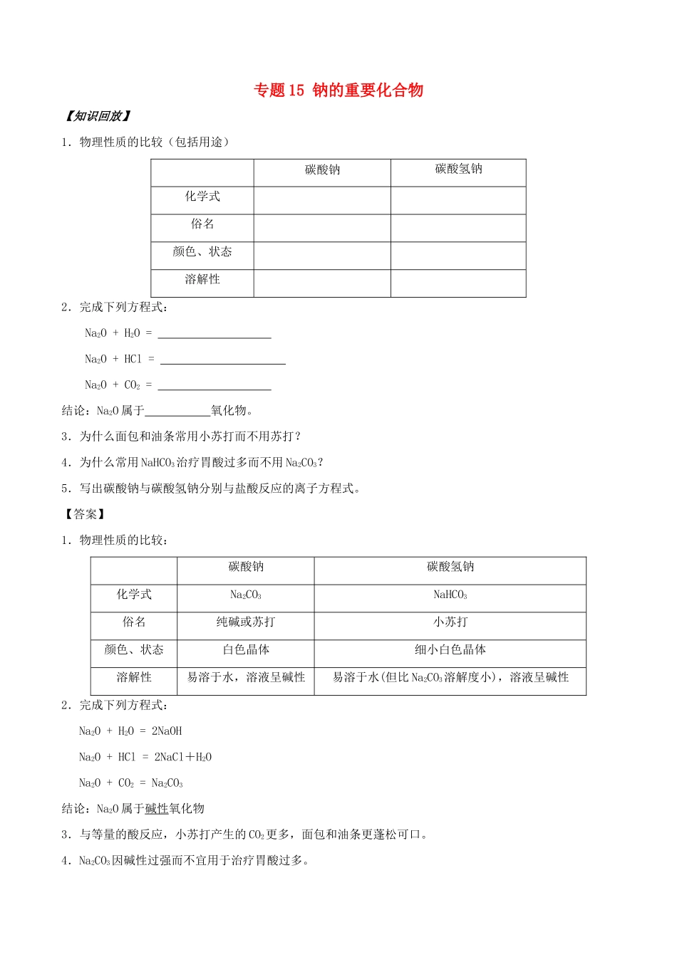 高中化学 初高中衔接 专题15 钠的重要化合物学案-人教版高一全册化学学案_第1页