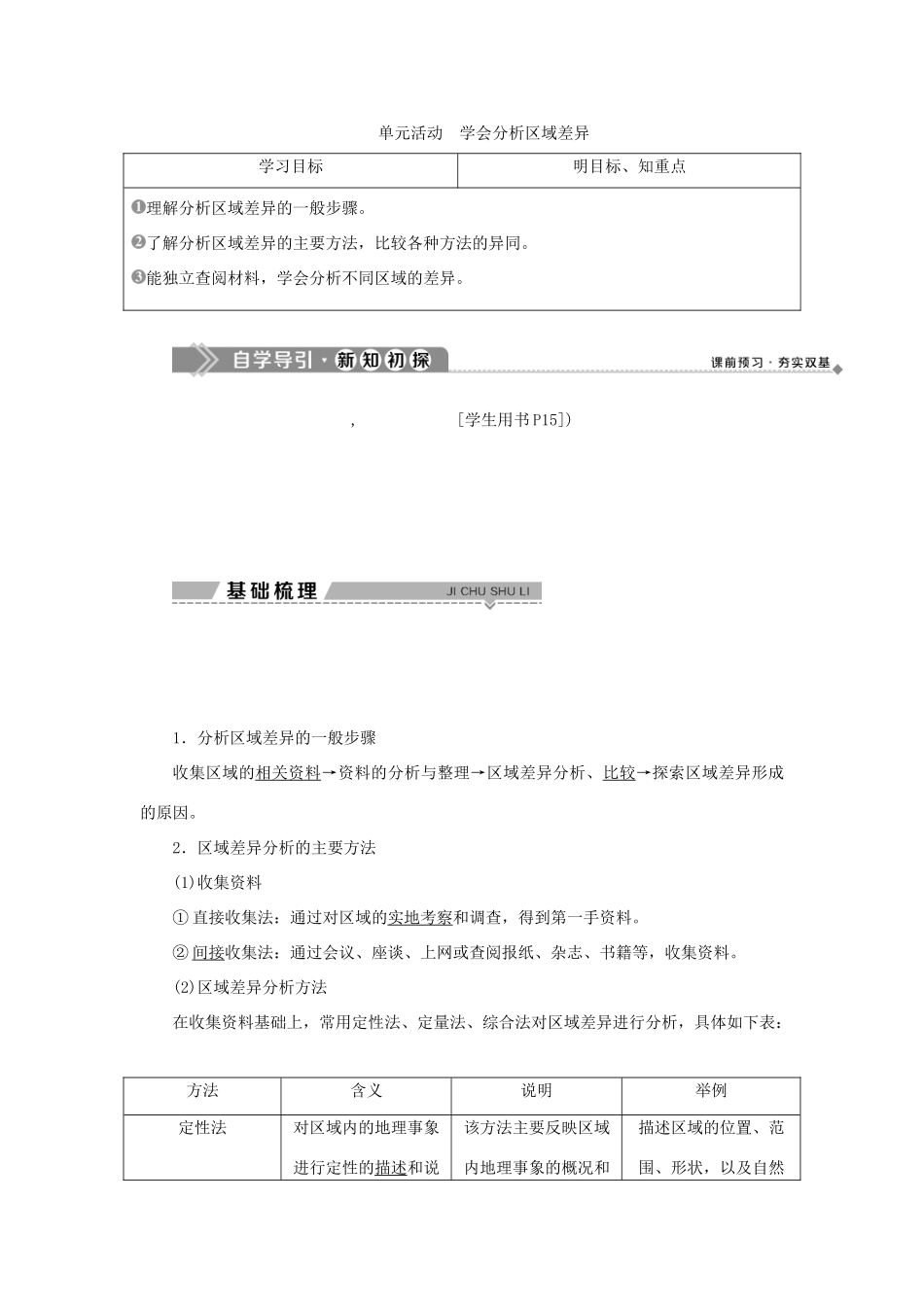 高中地理 第一单元 区域地理环境与人类活动 单元活动学会分析区域差异学案 鲁教版选择性必修第二册-鲁教版高一第二册地理学案_第1页