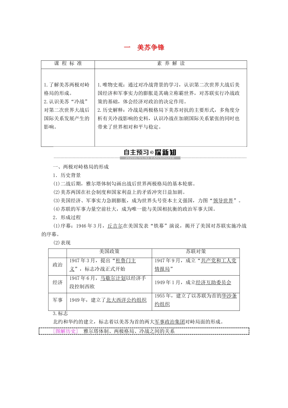 高中历史 专题9 当今世界政治格局的多极化趁势 1 美苏争锋学案 人民版必修1-人民版高一必修1历史学案_第1页