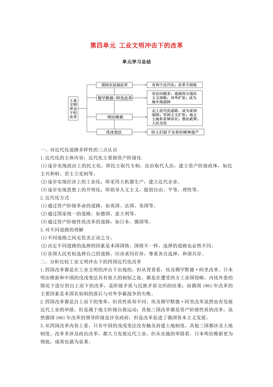 高中历史 第四单元 工业文明冲击下的改革单元学习总结学案 岳麓版选修1-岳麓版高二选修1历史学案_第1页