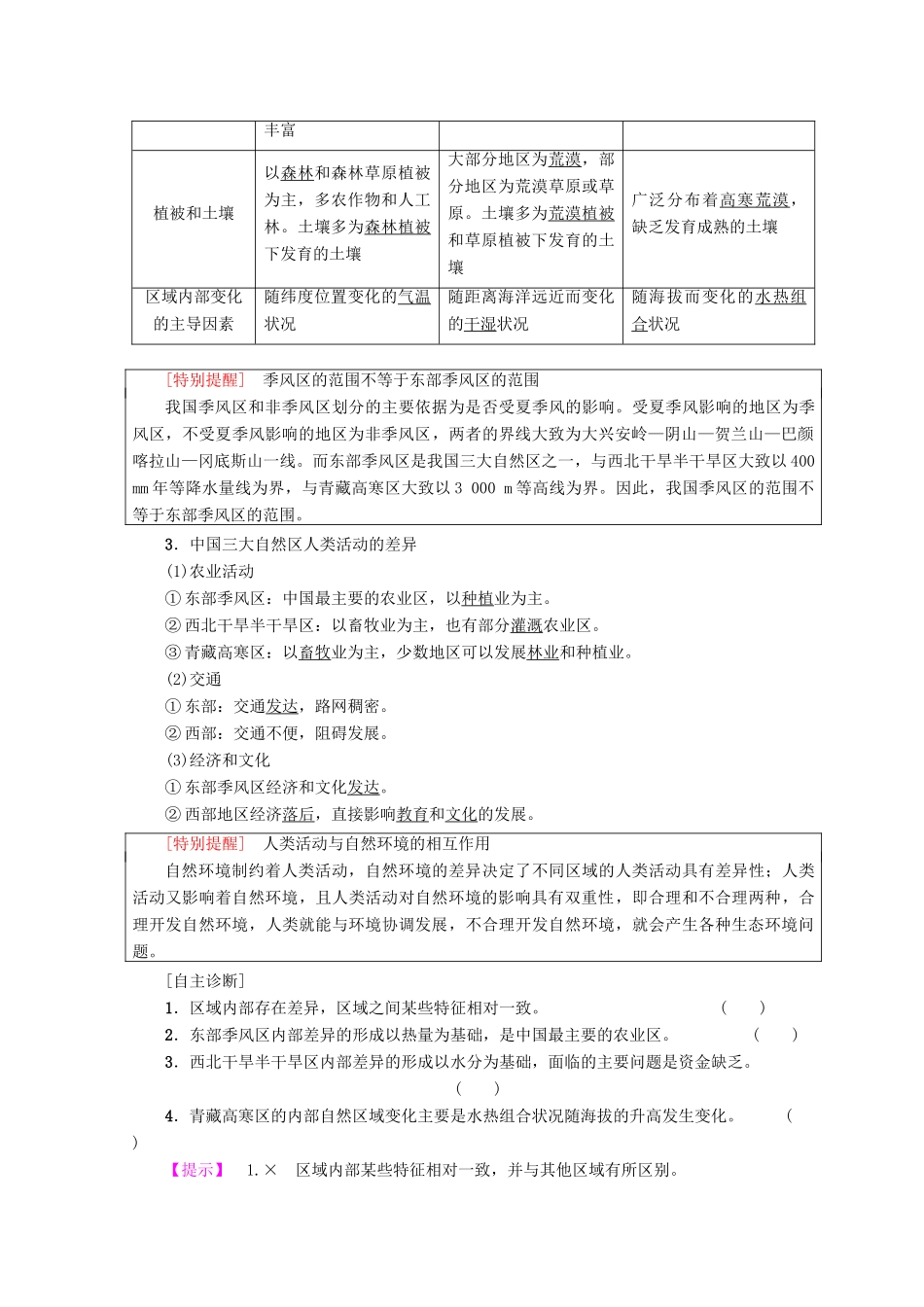 高中地理 第1章 区域地理环境和人类活动 第1节 第1课时 区域和区域差异 中国三大自然区自然环境的差异学案 中图版必修3-中图版高一必修3地理学案_第2页