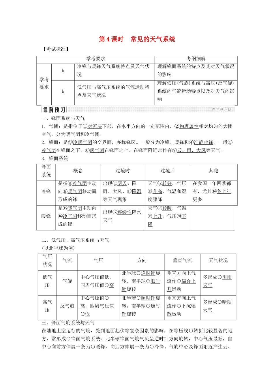 高中地理 第二章 自然环境中的物质运动和能量交换 2.3.4 常见的天气系统学案 湘教版必修1-湘教版高一必修1地理学案_第1页
