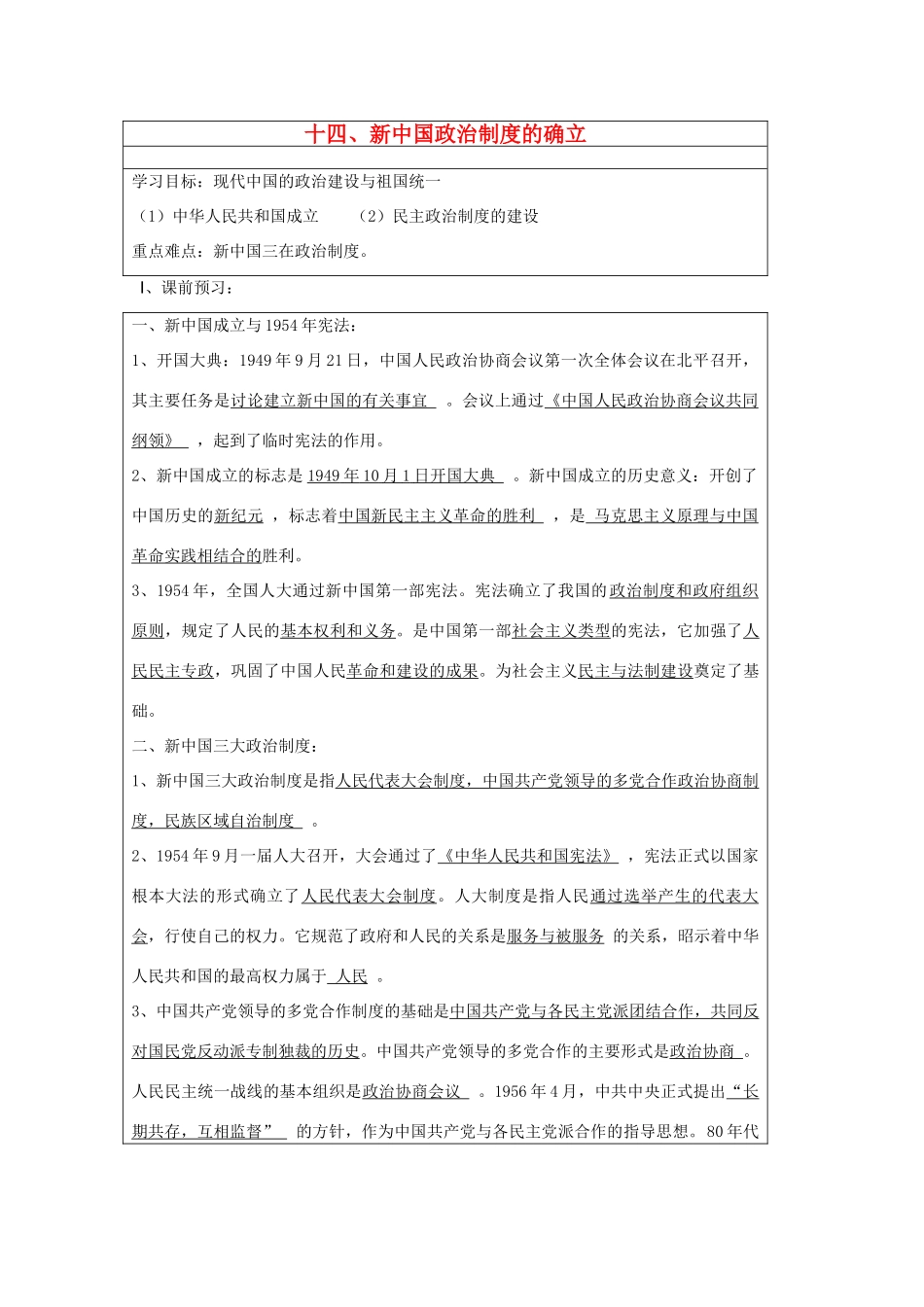 山东省淄博市淄川般阳中学高二历史下学期 新中国政治制度的确立导学案 岳麓版_第1页