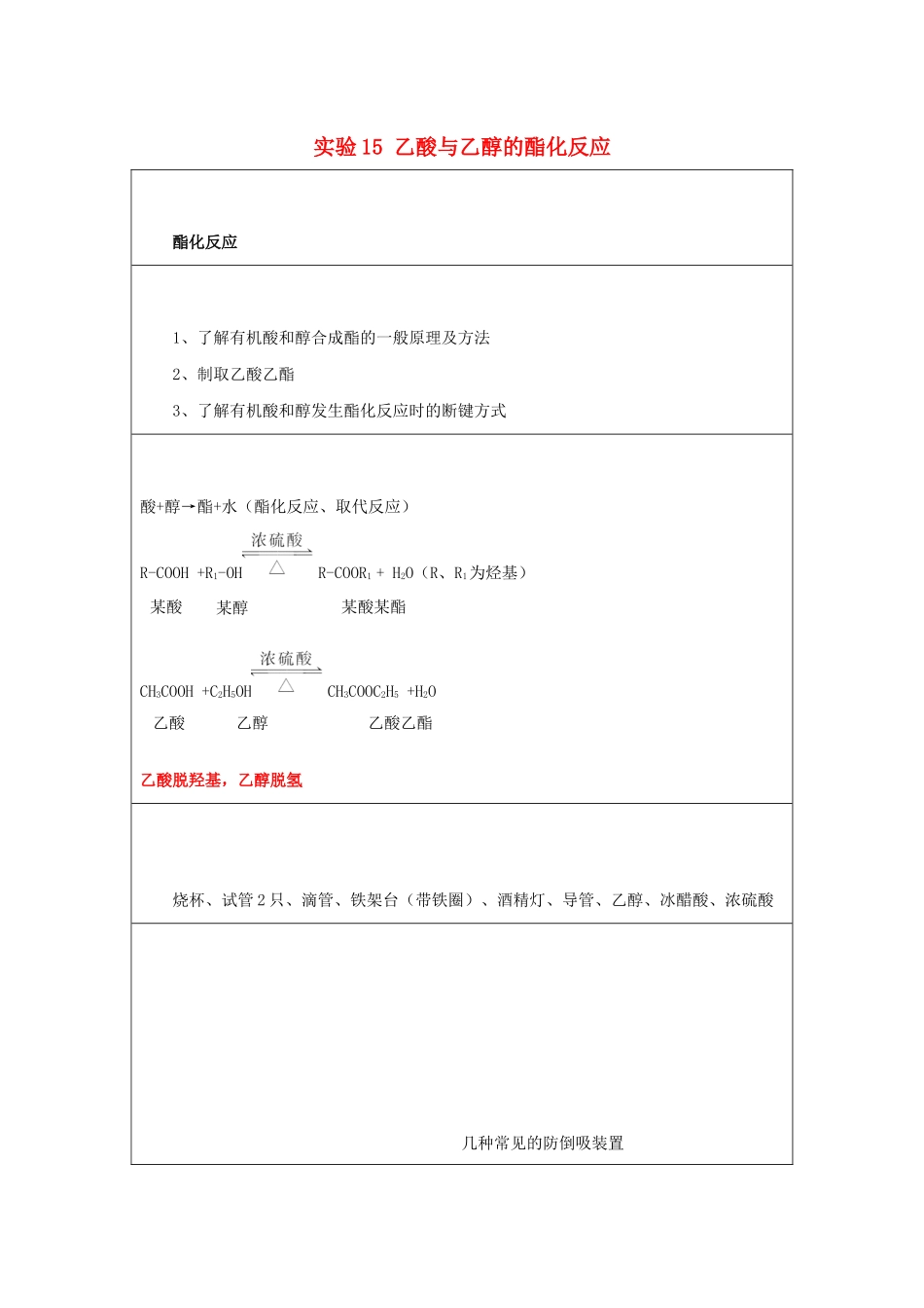 高一化学 实验15 乙酸与乙醇的酯化反应学案-人教版高一全册化学学案_第1页