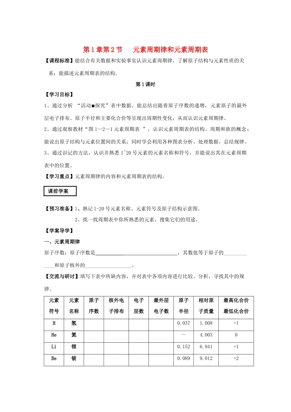 山东省威海二中高中化学 第1章第2节 元素周期律和元素周期表 第1课时课前学案 鲁科版必修2_第1页