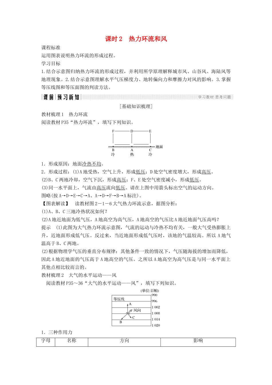 高中地理 第二章 地球上的大气 第一节 大气的热状况与大气运动 课时2 热力环流和风学案 新人教版必修1-新人教版高一必修1地理学案_第1页