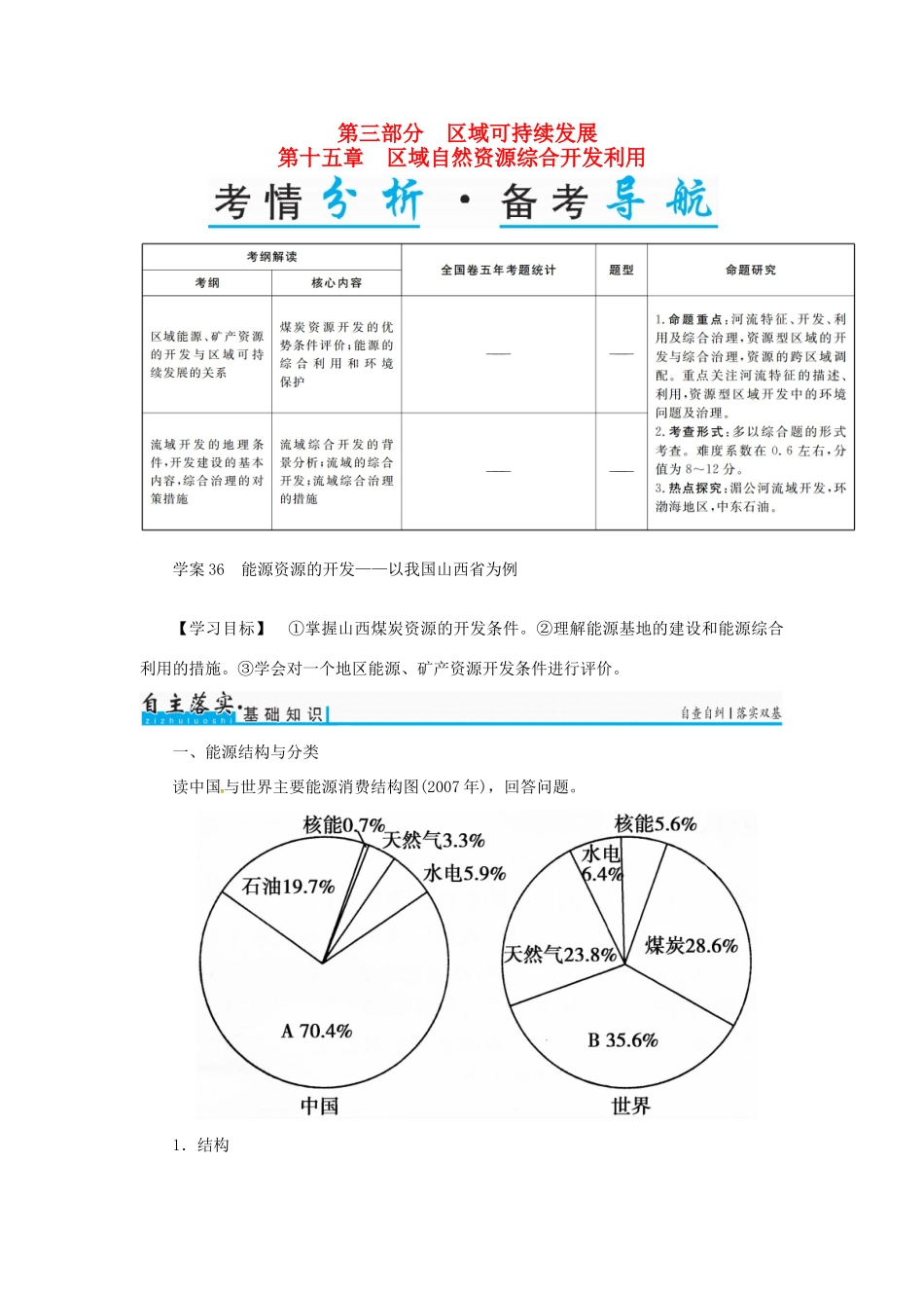 高考地理一轮复习 第三部分 区域可持续发展 第15章 区域自然资源综合开发利用 36 能源资源的开发-以我国山西省为例学案-人教版高三全册地理学案_第1页