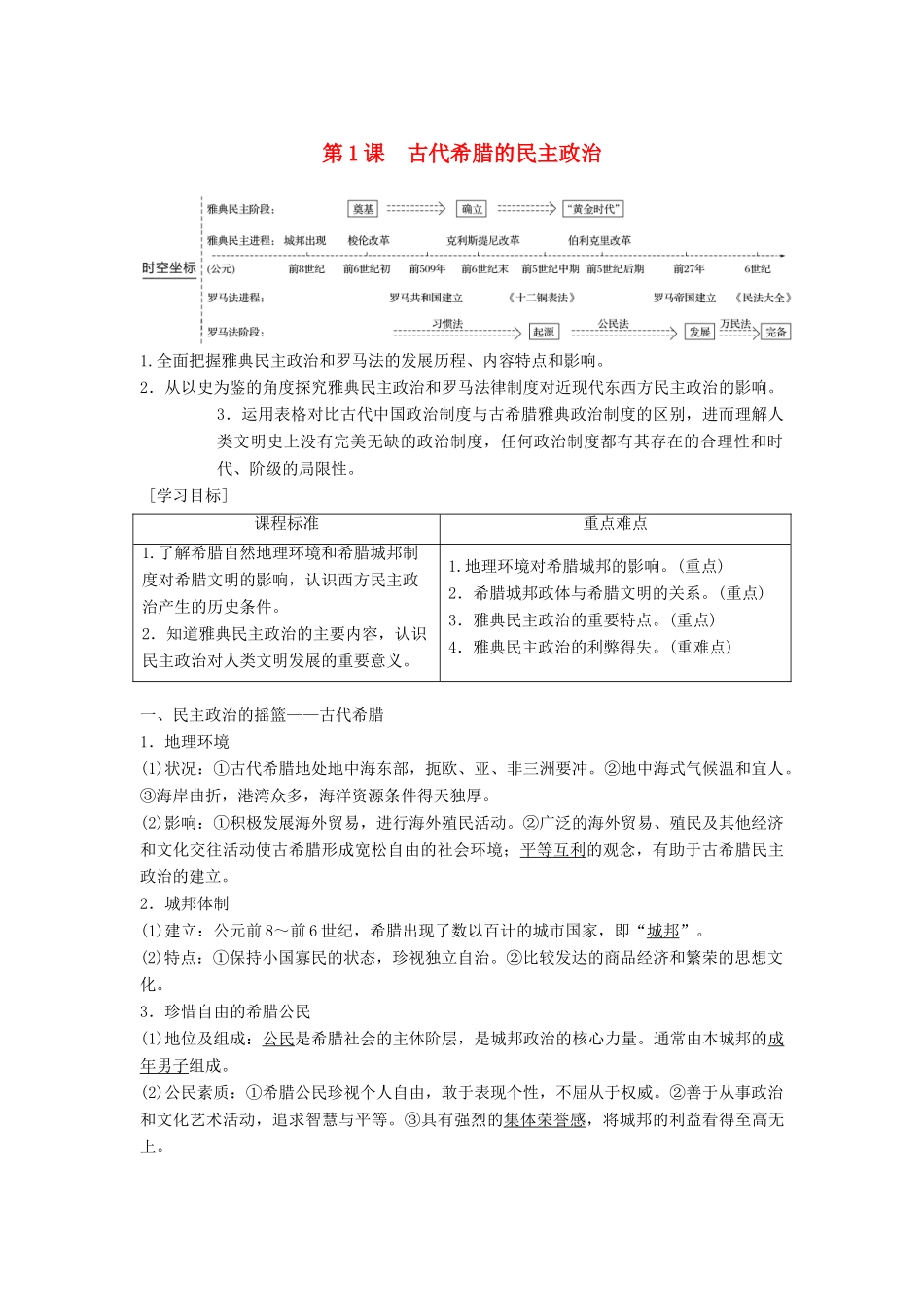高中历史 专题六 古代希腊、罗马的政治文明 第1课 古代希腊的民主政治学案 人民版必修1-人民版高一必修1历史学案_第1页