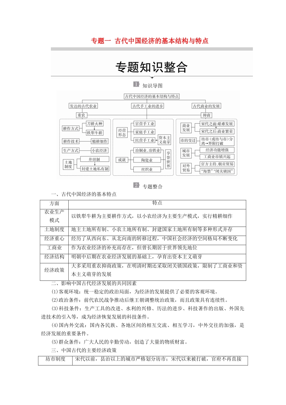 高中历史 专题一 古代中国经济的基本结构与特点专题知识整合导学案 人民版必修2-人民版高一必修2历史学案_第1页