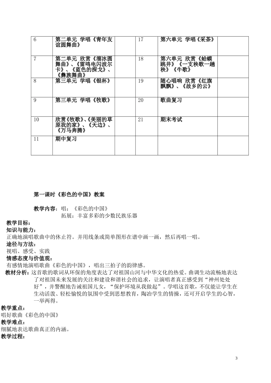 人音版七年级上册音乐工作计划及全套教案_第3页