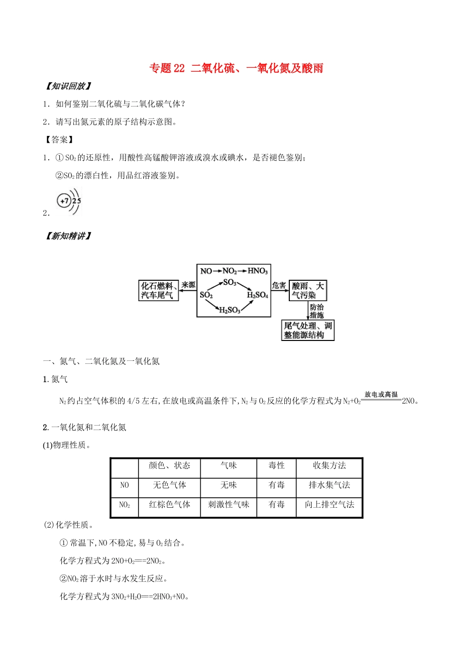 高中化学 初高中衔接 专题22 二氧化硫、一氧化氮及酸雨学案-人教版高一全册化学学案_第1页