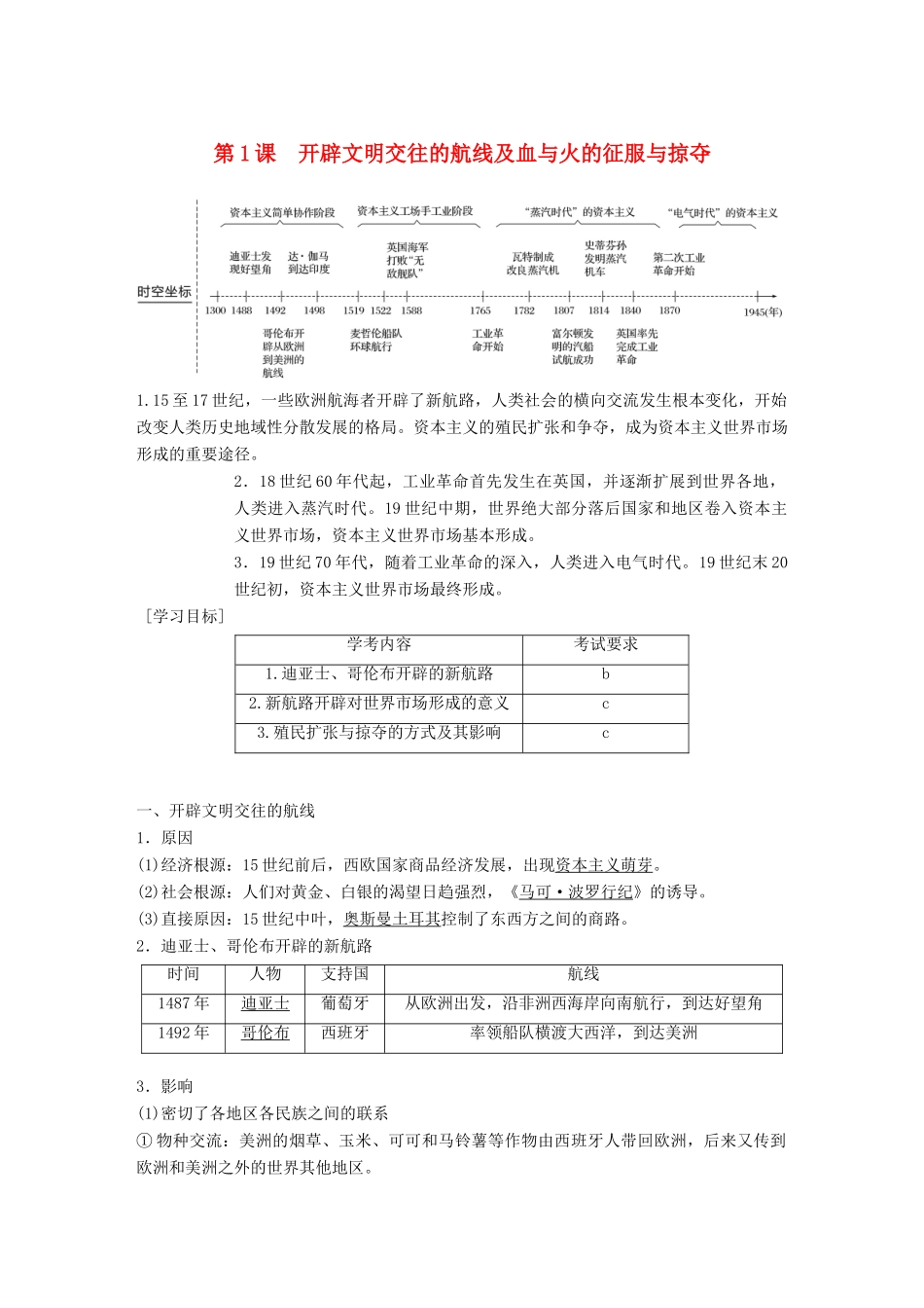 高中历史 专题五 走向世界的资本主义市场 第1课 开辟文明交往的航线及血与火的征服与掠夺学案 人民版必修2-人民版高一必修2历史学案_第1页