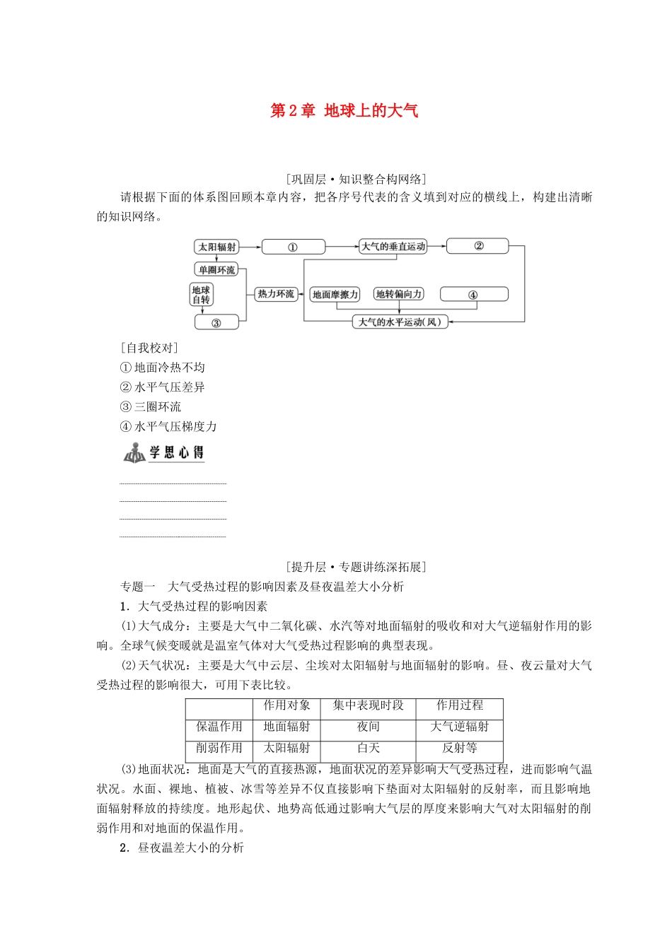 高中地理 第2章 地球上的大气章末小结学案 必修1-人教版高一必修1地理学案_第1页