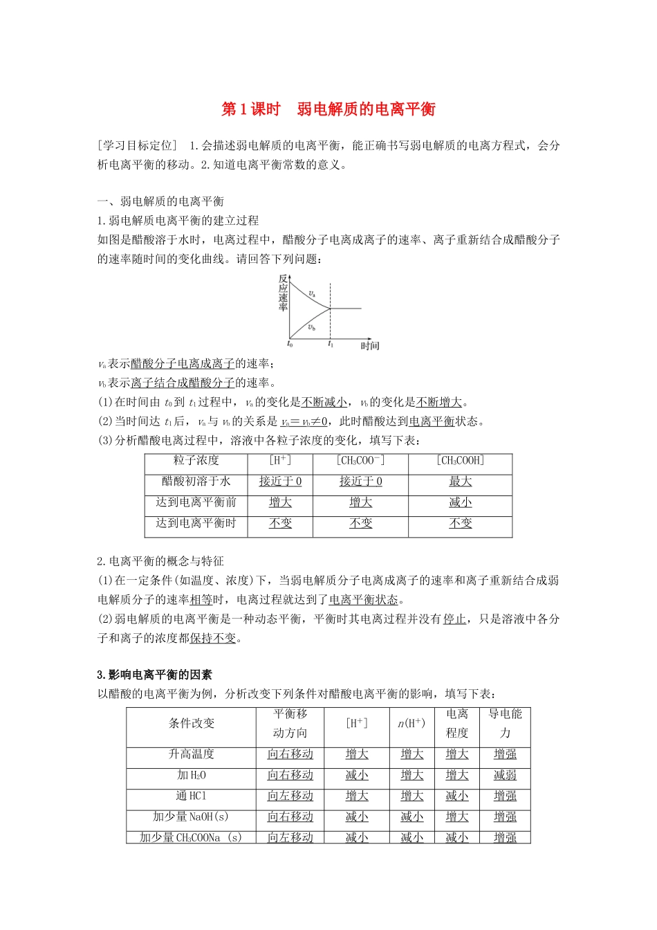 高中化学 第3章 物质在水溶液中的行为 第2节 弱电解质的电离 盐类的水解 第1课时学案 鲁科版选修4-鲁科版高二选修4化学学案_第1页
