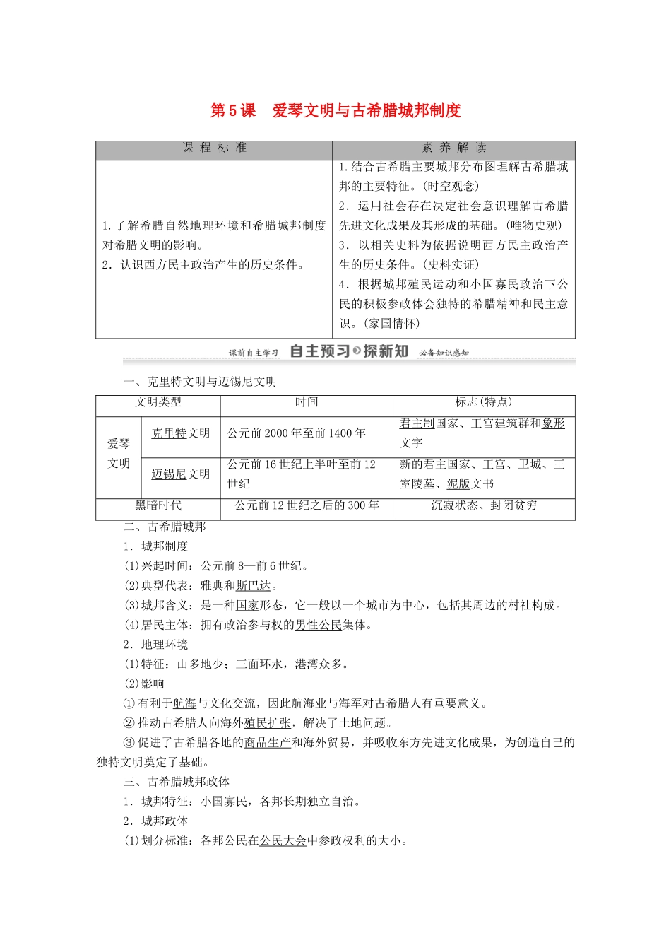 高中历史 第2单元 古希腊和古罗马的政治制度 第5课 爱琴文明与古希腊城邦制度学案 岳麓版必修1-岳麓版高一必修1历史学案_第1页