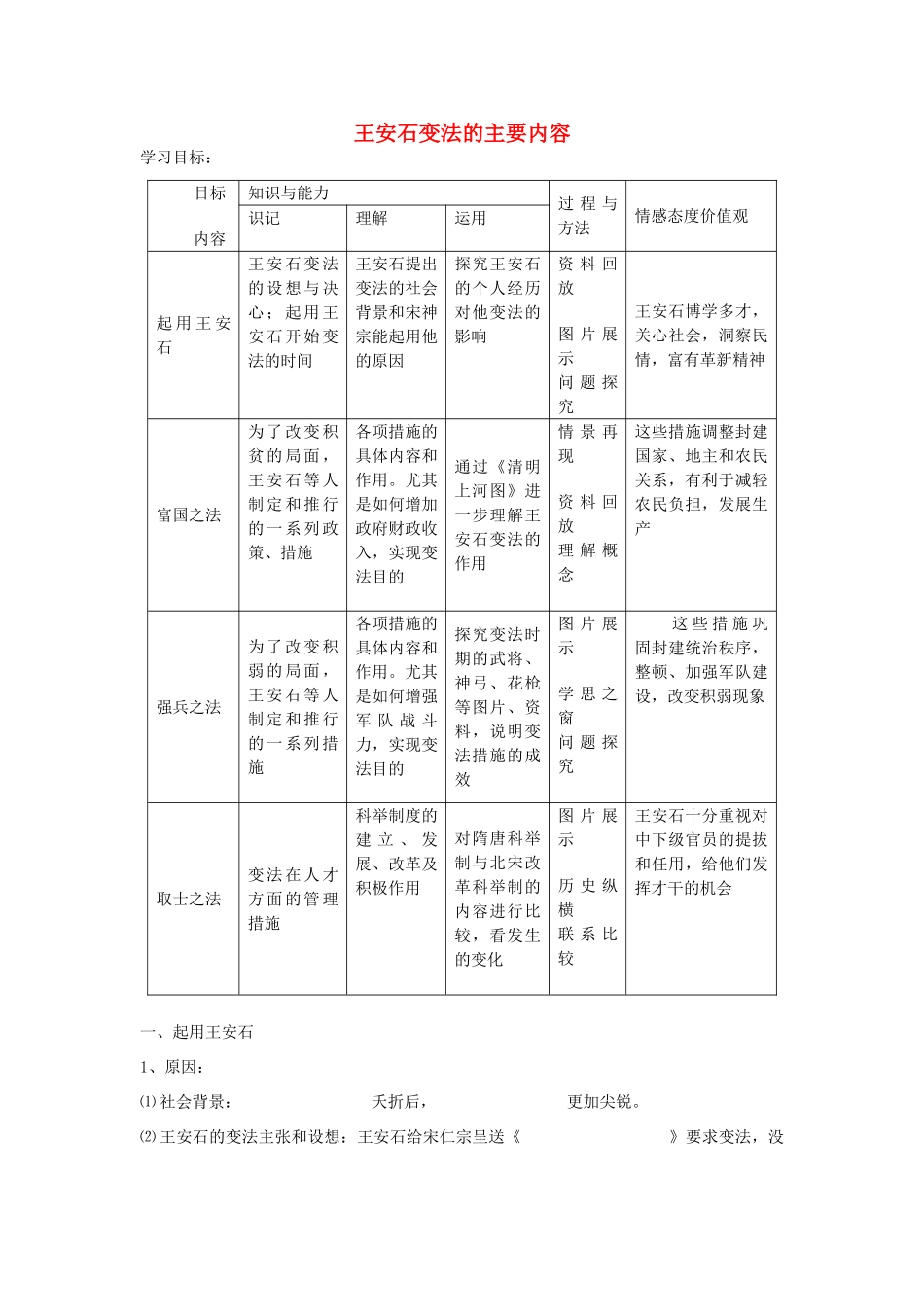 高中历史：王安石变法的主要内容导学案 新人教版选修1_第1页