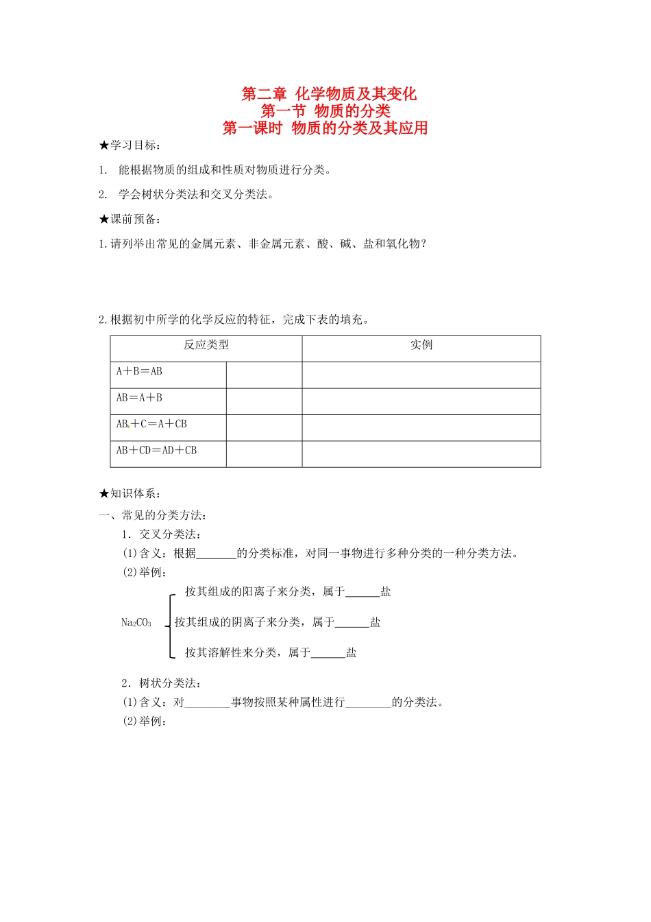 高中化学 第二章 化学物质及其变化 第一节 物质的分类（第1课时）物质的分类及其应用学案 新人教版必修1-新人教版高一必修1化学学案_第1页
