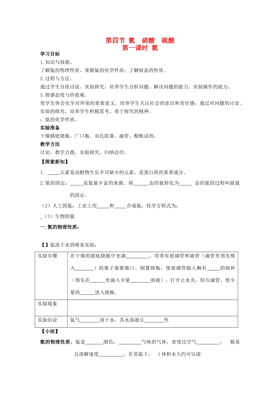 湖南省邵阳市万和实验学校高中化学 第四章 第4节第一课时 氨 必修1_第1页